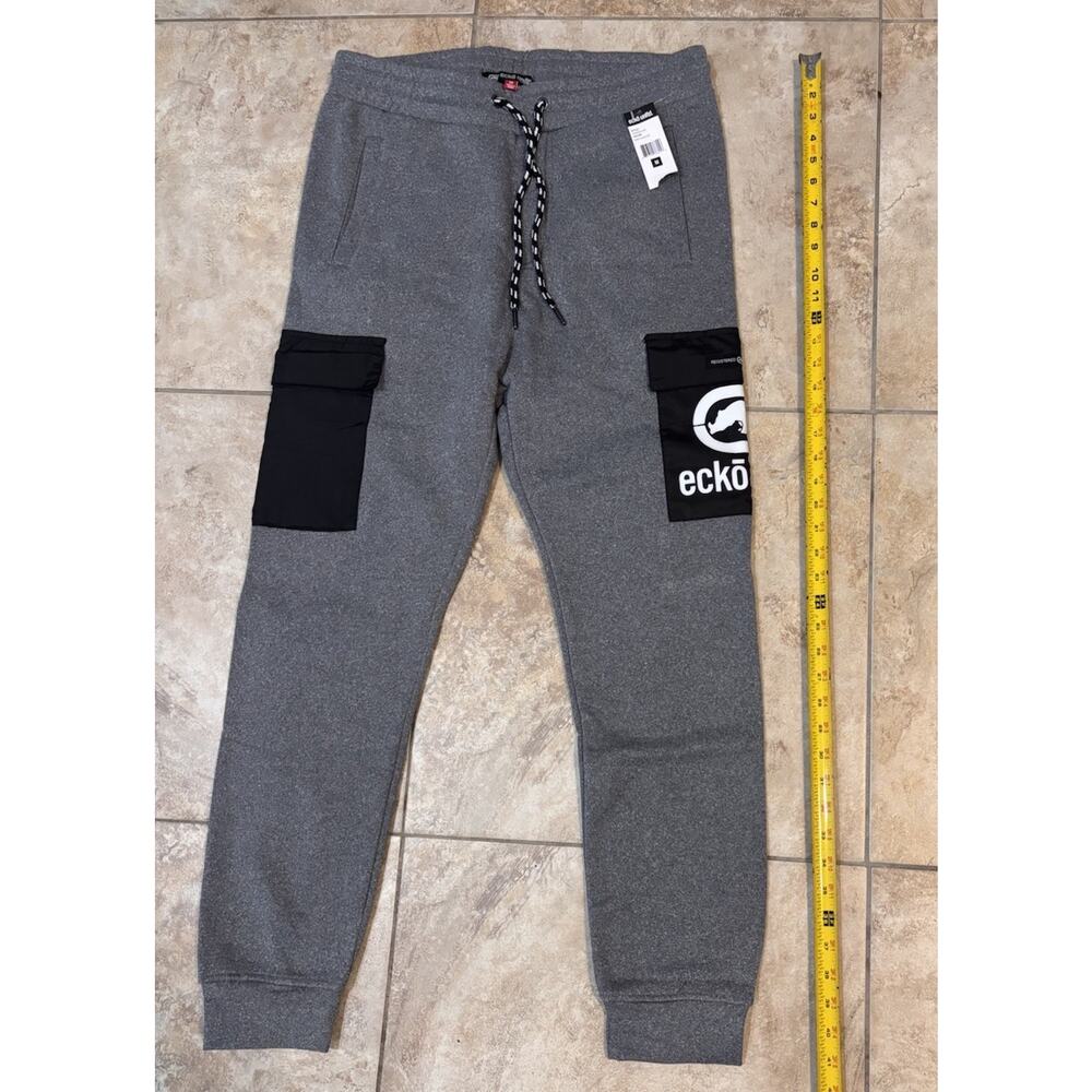 Men’s Ecko Unltd Patch Parcel Joggers Fleece Grey Cargo‎ Pockets - Skatewear